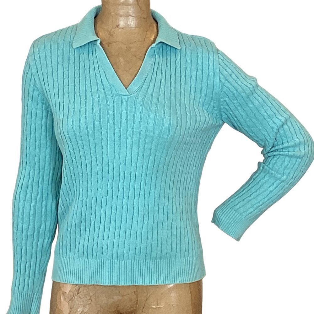 Karen‎ Scott Cotton Cable-Knit Polo Sweater M Blue #270M